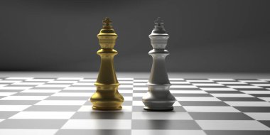 Satranç kralları altın ve gümüş rengi bir dama tahtasında duruyor. 3d illüstrasyon