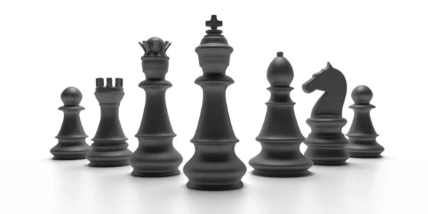 Šachy černá sada izolované na bílém pozadí. 3D ilustrace — Stock fotografie