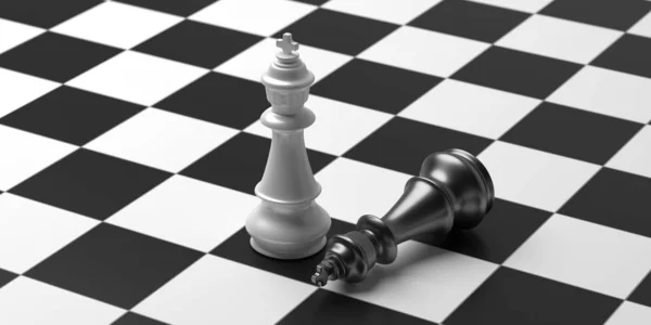 체스 킹 체크 보드 배경에 흰색 과검은 색 킹. 3D 삽화 — 스톡 사진