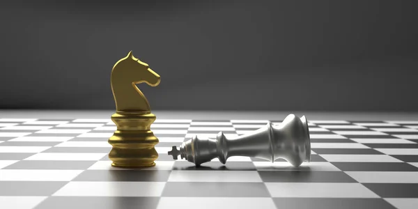 Шахматный рыцарь золото стоящий победитель на фоне шахматной доски. 3d иллюстрация — стоковое фото