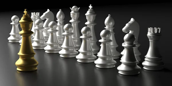 Catur raja emas dan perak catur ditetapkan pada latar belakang hitam. Ilustrasi 3d — Stok Foto