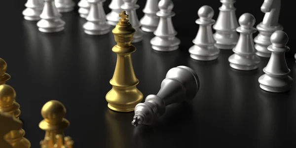 Σκάκι βασιλιάς χρυσό στέκεται νικητής σε μαύρο φόντο. 3D εικονογράφηση — Φωτογραφία Αρχείου
