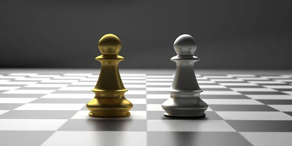 Les pions d'échecs dorés et argentés debout sur un damier. Illustration 3d — Photo