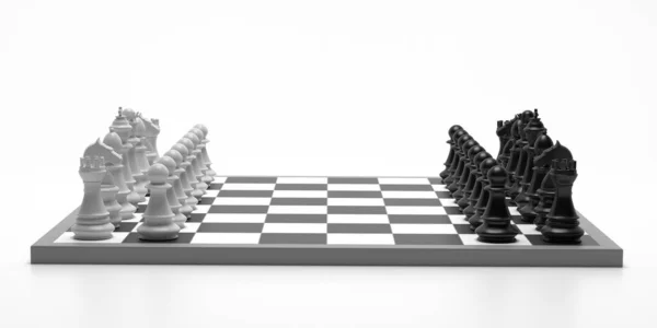 Tabuleiro de xadrez configurado isolado contra fundo de cor branca, ilustração 3d — Fotografia de Stock