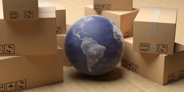Pacotes de papelão e globo terrestre no chão industrial. ilustração 3d — Fotografia de Stock