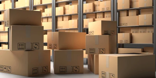 Cardboard boxes on warehouse storage shelves background. 3d illustration — Stock Photo, Image