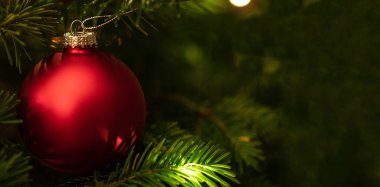 Noel mücevheri bir ladin üzerinde asılı, yakın çekim görüntüsü, kopyalama alanı