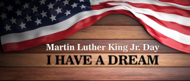 Martin Luther King Jr. günü. Bir hayalim var. Tahta arka planda Amerikan bayrağı. 3d illüstrasyon