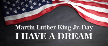 Martin Luther King Jr. günü. Bir hayalim var. Tahta arka planda Amerikan bayrağı. 3d illüstrasyon