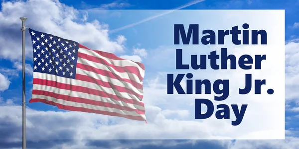 Martin Luther King Jr. (em inglês). Bandeira dos EUA no fundo do céu azul. ilustração 3d — Fotografia de Stock