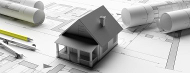 Tasarımlarda ev modeli, mühendis müteahhitlik ofisi. 3d illüstrasyon