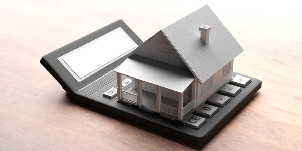 Модель дома на калькуляторе, фон стола деревянного офиса. 3d иллюстрация — стоковое фото