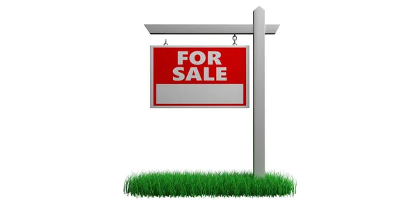 Na prodej na travnatém dřevěném plakátu. Real estate text znak červená barva izolované na bílém. 3D ilustrace — Stock fotografie