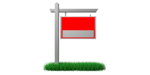 Mockup sinal imobiliário na cor vermelha grama isolada em branco, espaço de cópia. ilustração 3d — Fotografia de Stock
