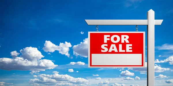 Na prodej dřevěný plakát. Real estate text znak červená barva na modrém pozadí oblohy, 3D ilustrace — Stock fotografie