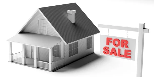 Продається знак і модель будинку ізольовані на білому тлі. Концепція нерухомості. 3d ілюстрація — стокове фото
