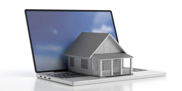 House toy on a laptop isolated against white background. 3d illustration — Stock Photo, Image