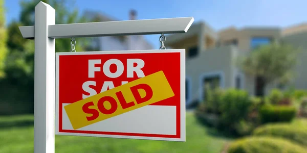 Huis te koop verkocht houten bordje. Onroerend goed tekst teken rode kleur op vervaging woning achtergrond, 3d illustratie — Stockfoto