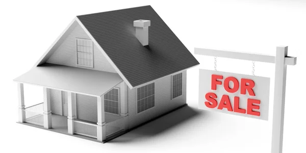 For sale sign and house model isolated against white background. Real estate concept. 3d illustration — Stock Photo, Image