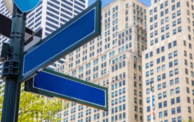 Blank empty blue color street sign template, city center downtown, copy space