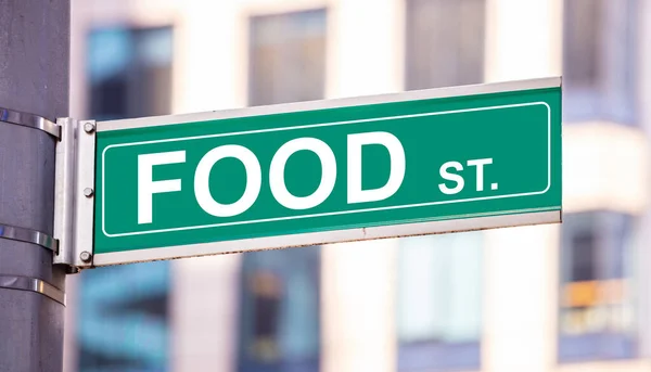 Food street sign, street food concept, blur buildings background — Stock Photo, Image