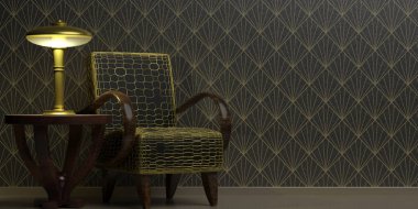 Art Deco tarzı dekorasyon, ev dekorasyonu. Duvar kağıdındaki klasik klasik mobilyalar siyah ve altın rengi, 3d illüstrasyon