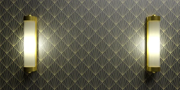 Duvar lambaları duvardaki altın rengi, duvar kağıtlarının siyah rengi. Art Deco tarzı arka plan. 3d illüstrasyon — Stok fotoğraf