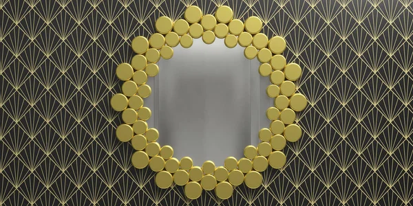 Mirror golden color round frame hanging on wall, wallpaper black color. Art Deco style background. 3d illustration — Stock Photo, Image