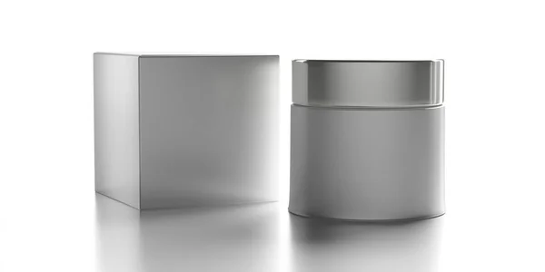 Tarro cosmético de vidrio con tapa de plata y caja aislada sobre fondo blanco. ilustración 3d — Foto de Stock