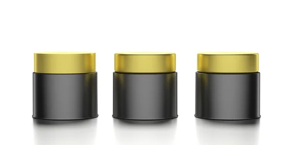 Frascos cosméticos de vidro com tampas douradas isoladas contra fundo branco. ilustração 3d — Fotografia de Stock