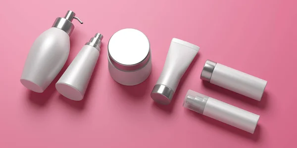 Blank cosmetics packages isolated on pink background, 3d illustration — 스톡 사진