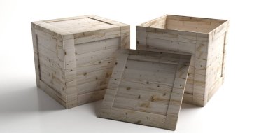Sandıklar, beyaz arka planda izole edilmiş kapalı ve açık tahta kutular. 3d illüstrasyon