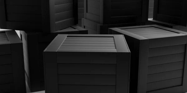 Crates, closed black wooden boxes background. 3d illustration — ストック写真