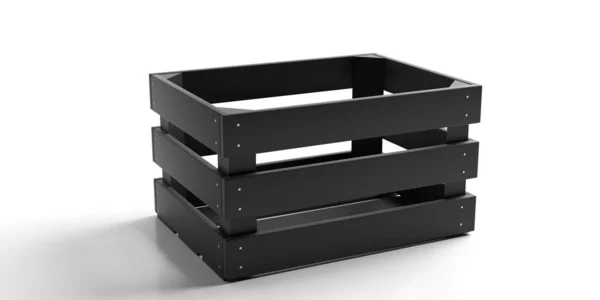 Crate, empty black wooden box isolated against white background. 3d illustration — ストック写真