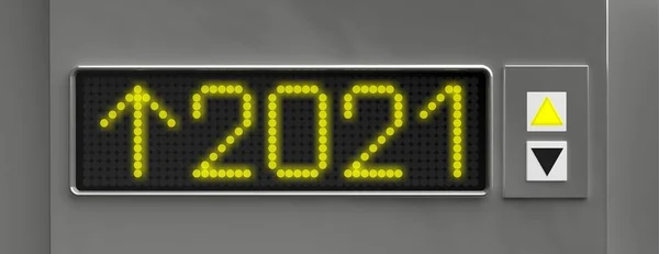 2021 nytt år. Hiss gyllene 2021 nummer och knappen med pil upp, leder oss till det nya året. Silver metallic bakgrund, banner. 3D-illustration — Stockfoto