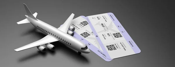 Vliegtuig en tickets op zwarte achtergrond. 3d illustratie — Stockfoto
