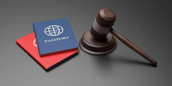 Διαβατήρια και δικαστής Γκάβελ σε μαύρο φόντο, πανό. 3D εικονογράφηση — Φωτογραφία Αρχείου
