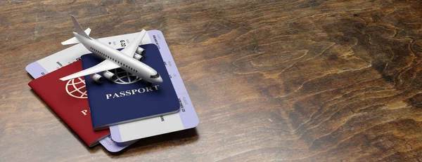 Εισιτήρια αεροπλάνων και διαβατήρια σε ξύλο, πανό, χώρο αντιγραφής. 3D εικονογράφηση — Φωτογραφία Αρχείου