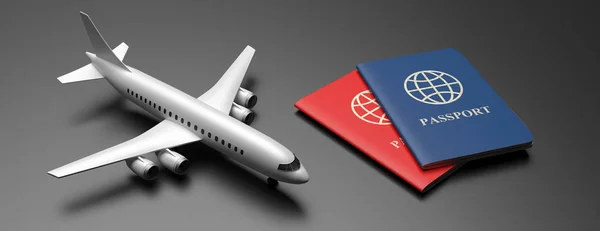 Blue and red passports on black background, banner. 3d illustration — 스톡 사진