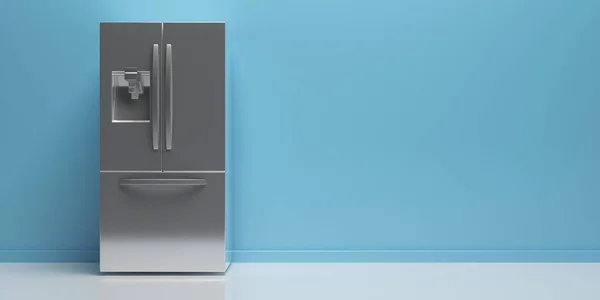 Refrigerator side by side on kitchen floor, blue wall background, copy space. 3d illustration — Stock Photo, Image