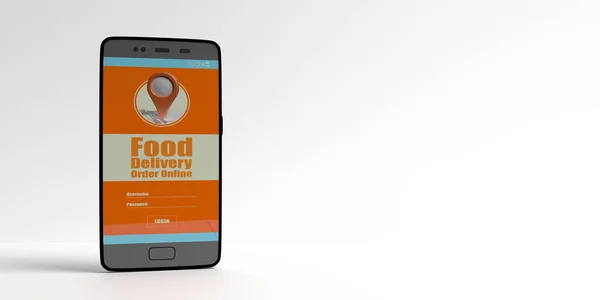 Aplicación de pedido y entrega en línea de alimentos en pantalla móvil aislada sobre fondo blanco. ilustración 3d —  Fotos de Stock
