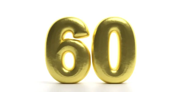 60 šedesát čísel. Lesklý, třpytivý a zlatý balón číslice 60 izolovaných na bílém pozadí. 3D ilustrace — Stock fotografie