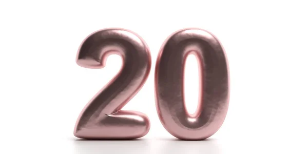 Dvacet dvacet. Lesklý, jiskřivě růžový fialový balón číslice 20 izolovaný na bílém pozadí. 3D ilustrace — Stock fotografie