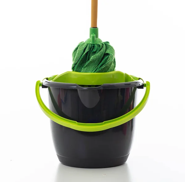 Cleaning mop bucket green black color isolated against white background, — 스톡 사진