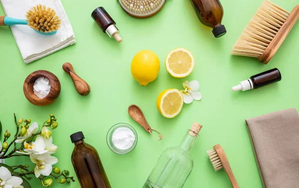 Cleaning eco products background, soda, lemon, vinegar — 스톡 사진