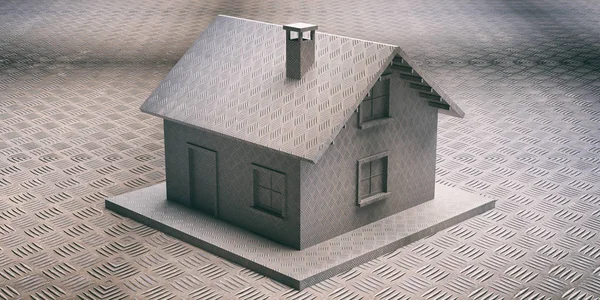 Casa con chapado industrial de metal y fondo. Hogar protegido y asegurado. ilustración 3d — Foto de Stock