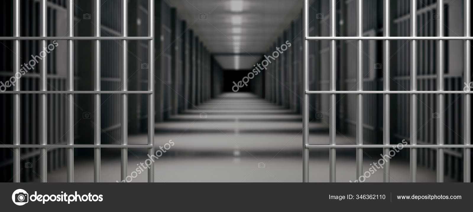 监狱内部牢笼打开空旷的走廊黑暗的背景自由概念3D说明——图库图片© gioiak2 #346362110