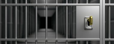 Hapishanenin içinde. Altın anahtarı olan parmaklıklar ve kilitler, hücreler ve koridorlar, karanlık arka plan. Hapis, hapis, mahkumiyet konsepti, 3 boyutlu illüstrasyon