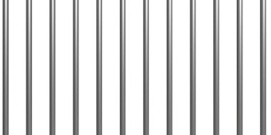 Beyaz arka planda parmaklıklar. Hapishane, kafes, mahkumiyet konsepti, 3 boyutlu illüstrasyon