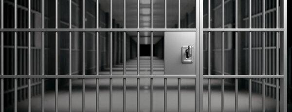 Внутри тюрьмы. Тюремные решетки и замок с ключом, камеры и коридор, темный фон. Inprisoned, incarcerated, conviction concept, 3d illustration
